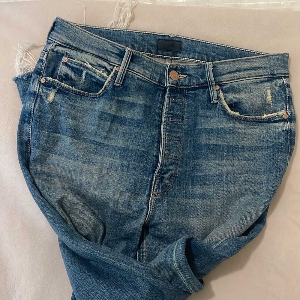 MOTHER Straight Leg Jeans in Faded Blue with Frayed Hem - Picture 2 of 5